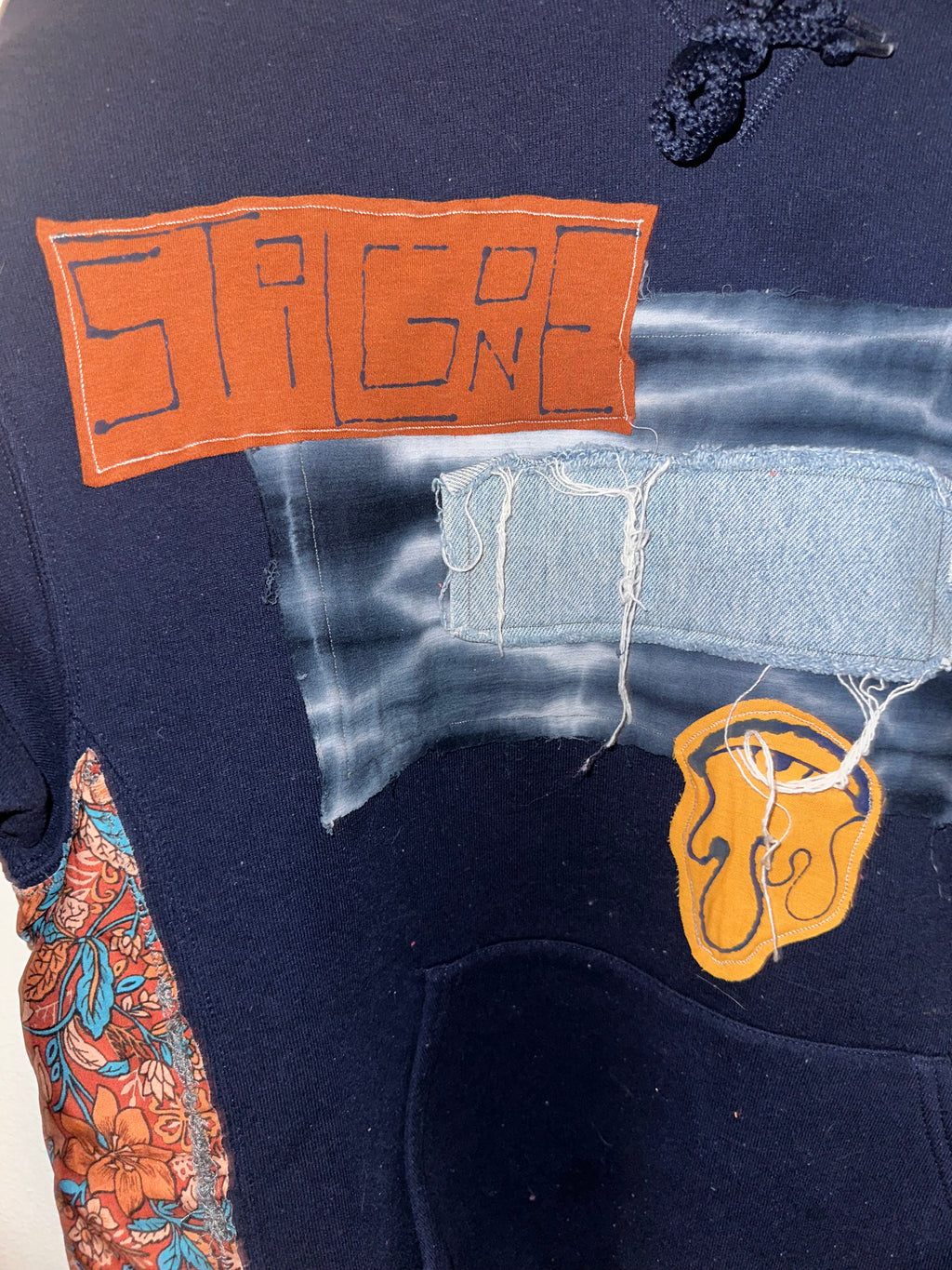 navy orange denim drip hoodie