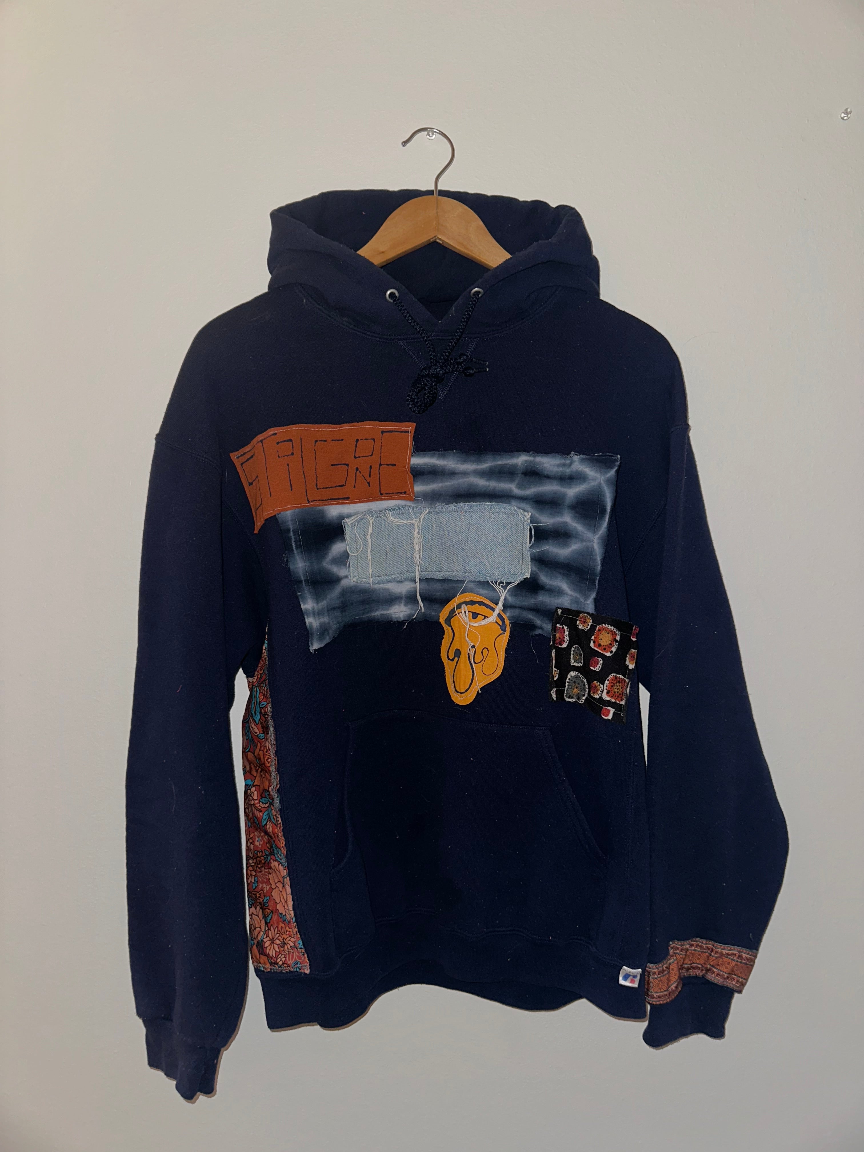 navy orange denim drip hoodie